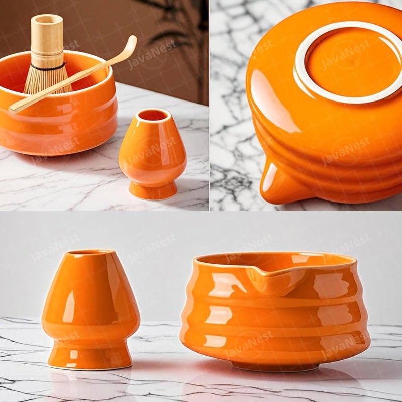 JavaNest 7-Piece Matcha Tea Set with Gift Card – 120-Prong Bamboo Whisk, Ceramic Bowl with Spout, Whisk Holder, Scoop, Spoon, Strainer & Scoop Holder – Ideal Gift for Matcha Lovers (Orange) - Image 3